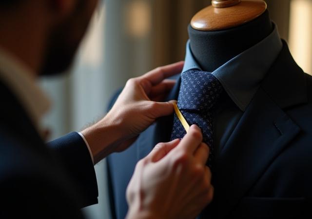 Artigiano che misura una cravatta di seta