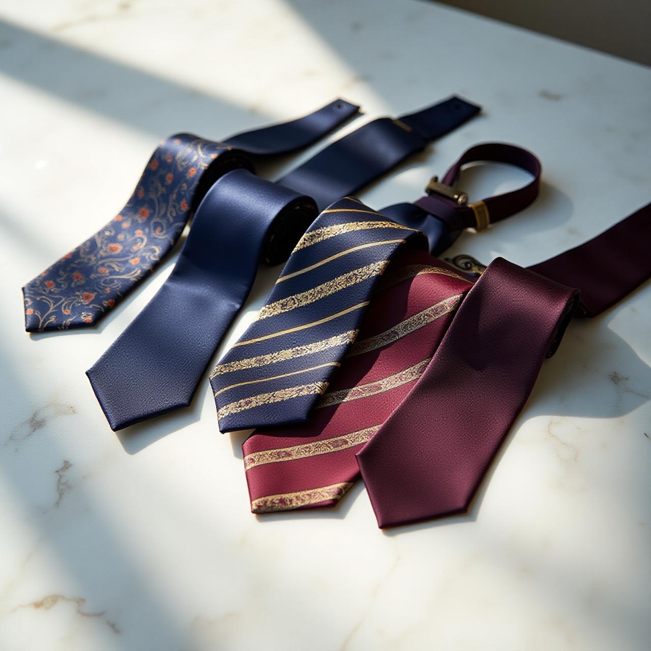 Elegante collezione di cravatte in seta su uno sfondo di marmo